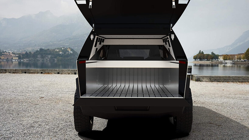 space campers envisions highly customizable, wedge-style topper for tesla's cybertruck