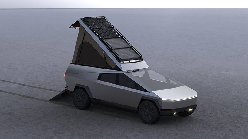 space campers envisions highly customizable, wedge-style topper for tesla's cybertruck