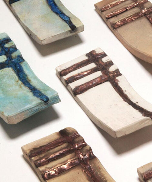 dyed ceramic tiles revalue the union of raw clay with metal through oxidization & corrosion