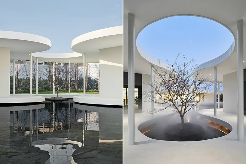 white orchid pavilion in china unravels exhibition booth in curved abstract forms
