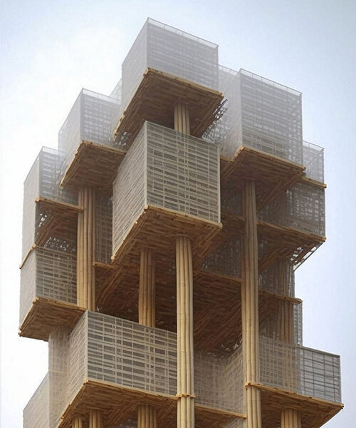 midjourney hybridizes urban skyscrapers with sustainable bamboo structural frames