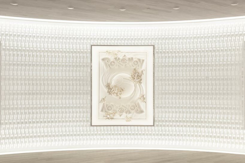 nendo engraves intricate patterns of pokémon cards into new office's organic arrangement