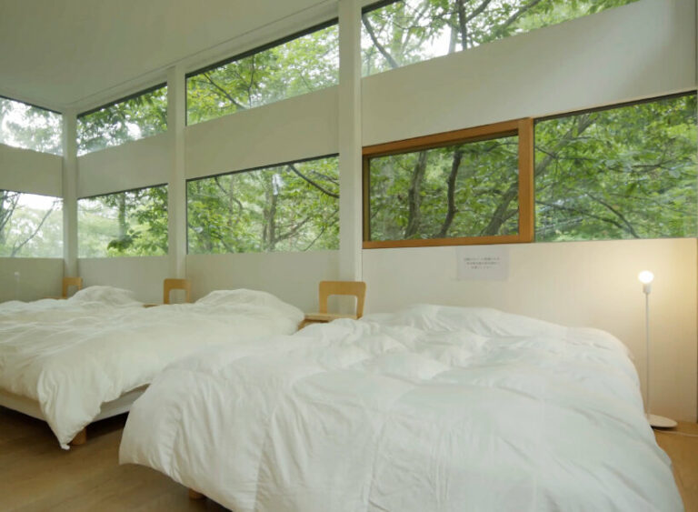 hiding glass house in japanese forest sees 360 degrees through all