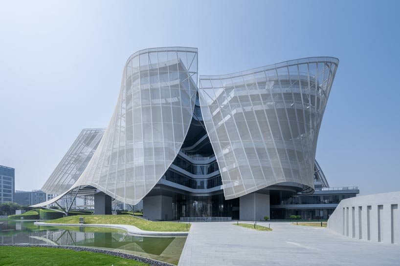 translucent veil drapes over MAD architects' xinhee design center in china