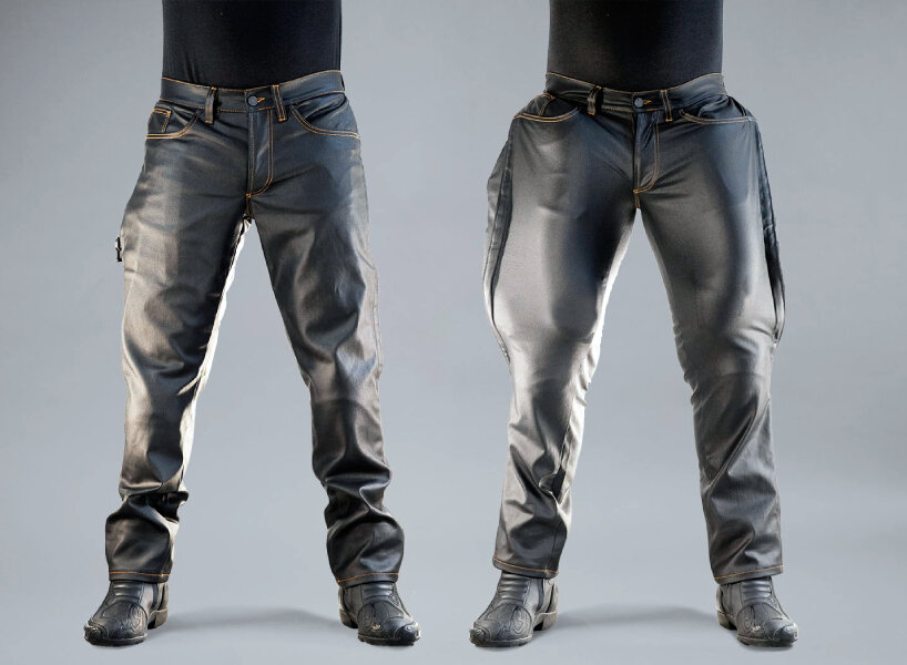 mo'cycle's airbag jeans inflate to protect the lower body from motorcycle accidents - Designboom
