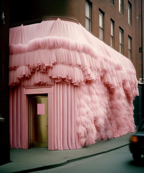 andrés reisinger's 'take over' reimagines major cities with fluffy, flossy, and fancy pink drapes