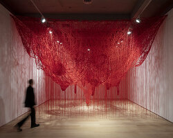 chiharu shiota's thread wrapped charred piano for art basel