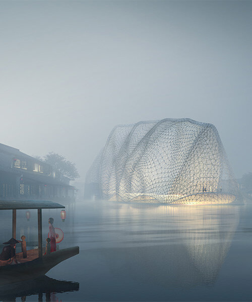 kazuyo sejima's floating design center appears like a sophisticated dome-enclosed island in china