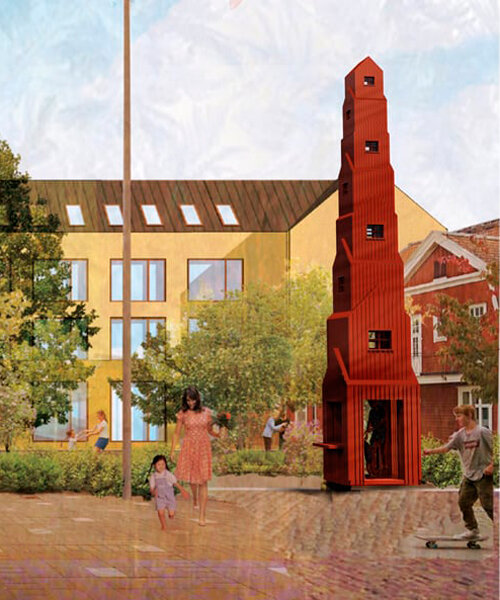 ulf mejergren stacks red kiosk cottages to shape wooden sculptural tower in sweden