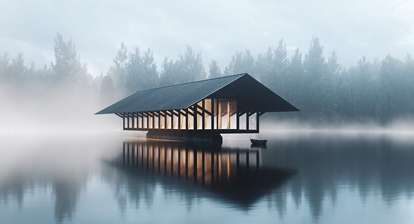 marc thorpe navrhuje klidný pavilon v severní části státu zavěšený nad křišťálovým jezerem