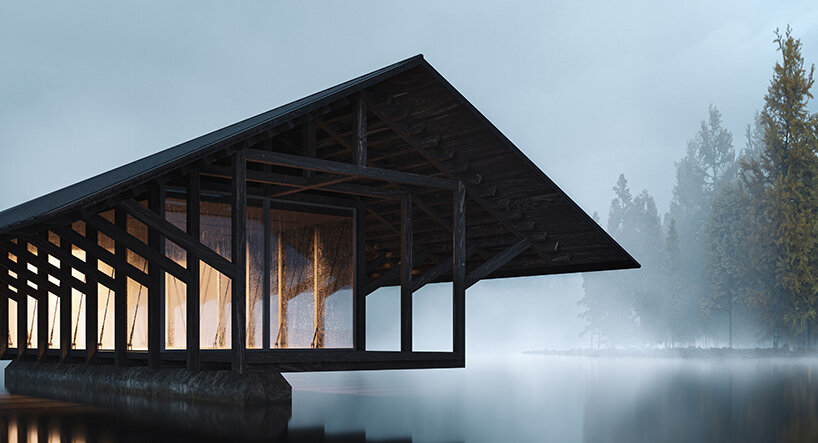 marc thorpe navrhuje klidný pavilon v severní části státu zavěšený nad křišťálovým jezerem