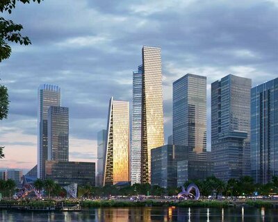 prisma towers by BIG subtly shimmer in the skyline of shenzhen, china