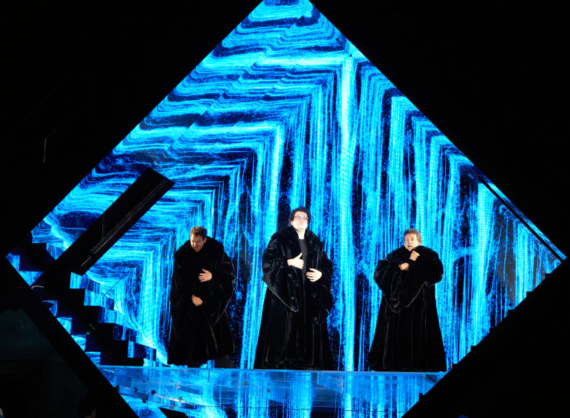 teamLab's kaleidoscopic laser light scenography for opera 'turandot' lands in tokyo