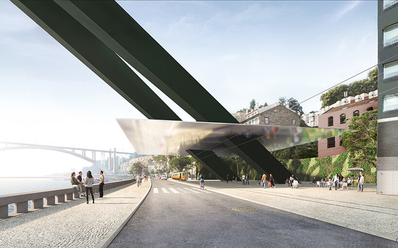 sleek concrete pedestrian bridge spans the vltava river in prague