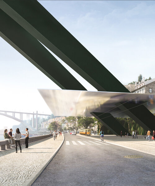 herzog & de meuron's reflective bridge proposal cuts through porto like a sharp blade