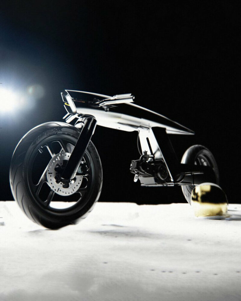 unibody 'eve odyssey' motorcycle by bandit9 glints in aluminum used for