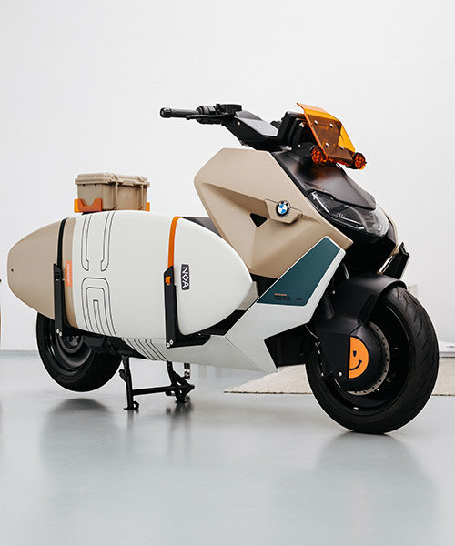  El e-scooter personalizado BMW CE viene con un portatablas de surf y una cara sonriente