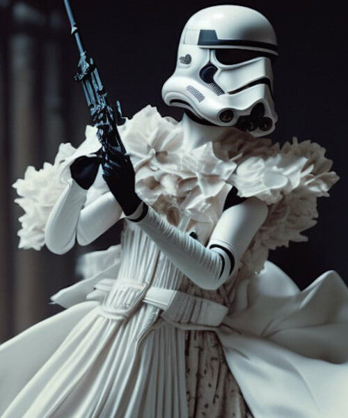 an AI-generated fashion rebellion dresses stormtroopers and wookies in haute couture 