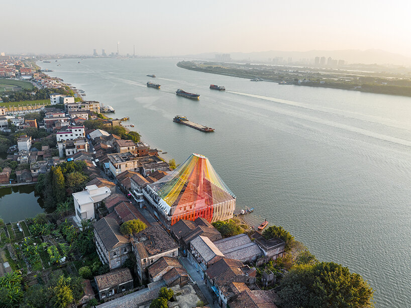 MAD architects wraps abandoned chinese landmark in ethereal veil of multicolored cloth