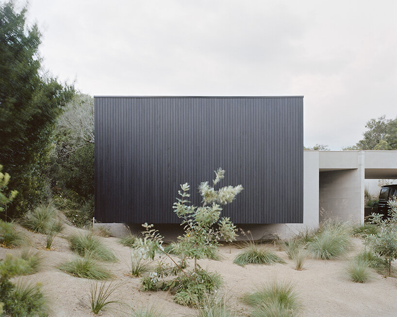 masonry blade walls & a floating timber volume compose 'peninsula house' in australia