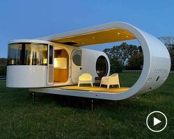 romotow camping trailer swivels out to form spacious deck lounge