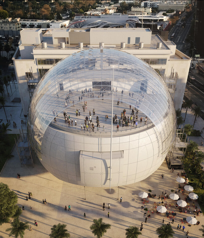 glass sphere spotlights renzo piano's academy museum of motion pictures, hollywood