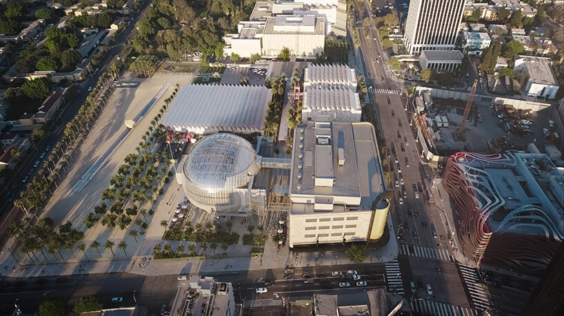 glass sphere spotlights renzo piano's academy museum of motion pictures, hollywood