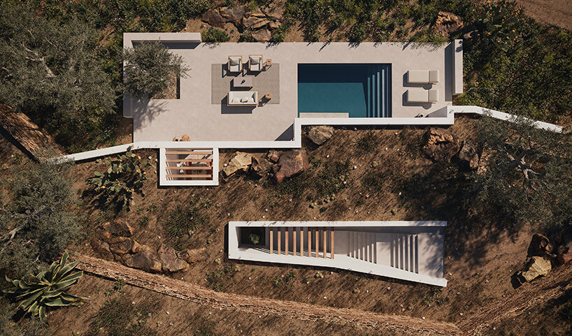 A&M architects visualizes three linear villas semi-buried in the greek island of karpathos