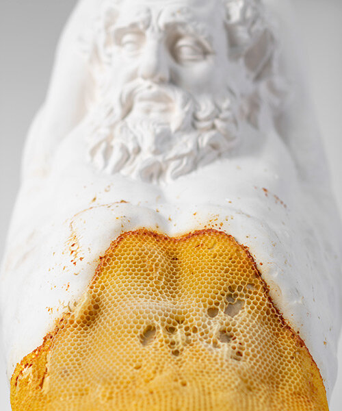 tomáš libertíny covers 'marsyas' sculpture with beeswax to symbolize healing & forgiveness