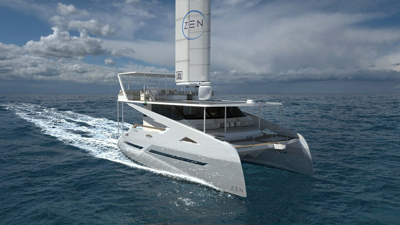 The solar-powered ZEN50 catamaran integrates an automated wing sail for zero-emission voyages