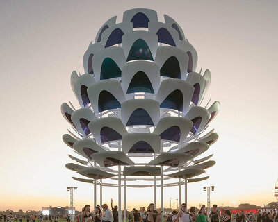 95 reused car hoods form pine cone-shaped installation to backdrop lollapalooza festival