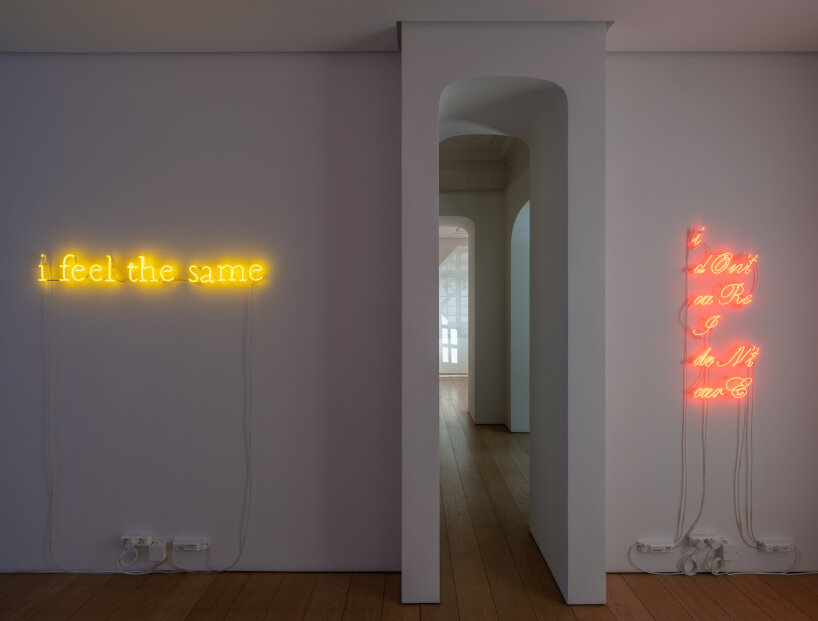 at gagosian athens, douglas gordon exhibits movie lines and song lyrics in coiled neon lights