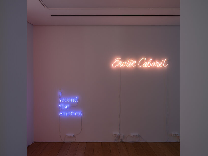 at gagosian athens, douglas gordon exhibits movie lines and song lyrics in coiled neon lights