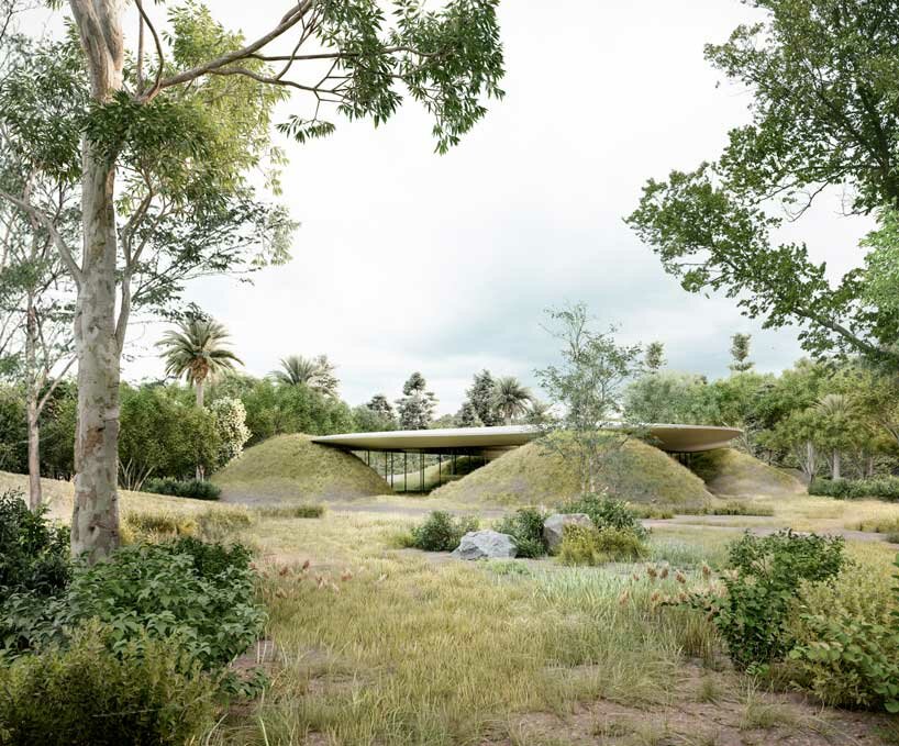 Los techos orgánicos forman pabellones sin desperdicios sobre verdes colinas en la jungla de la Ciudad de México