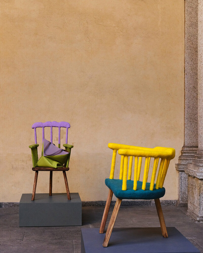 playful textures, colors + materials engulf LOEWE quirky chairs