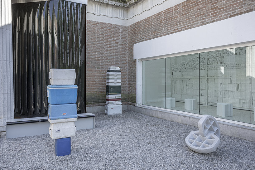 designers highlight our dependency on 'everlasting plastics' at US pavilion in venice