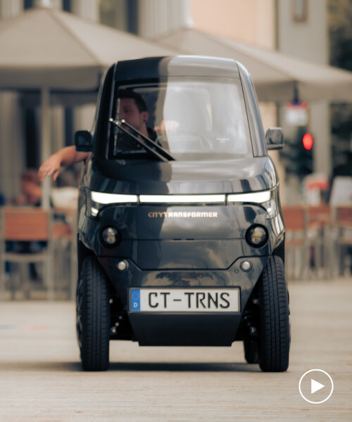 electric microcar retracts wheels to easily park and ride in narrow spaces like a motorcycle