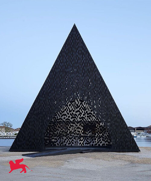 david adjaye shapes kwaeε pavilion as triangular timber prism at venice architecture biennale