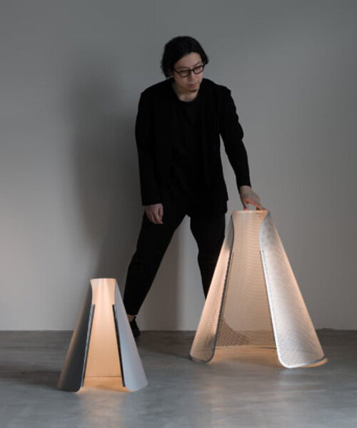 HAORI remodels japanese kimono into curving aluminum and cowhide lampshades