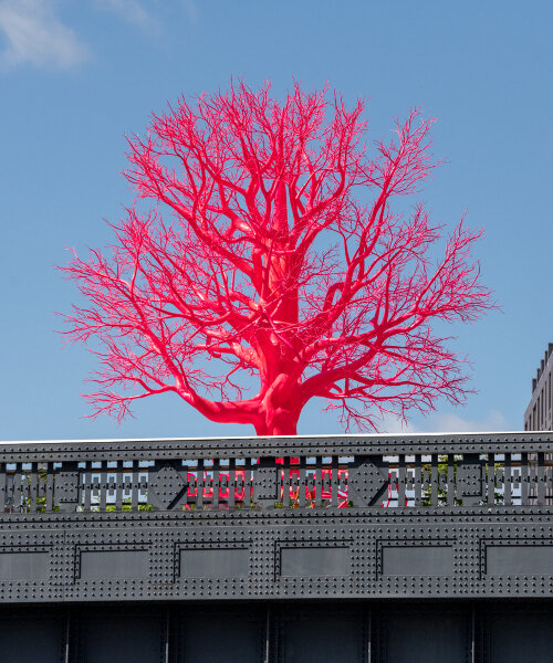 on the high line, pamela rosenkranz grows synthetic lucid pink tree resembling blood vessels