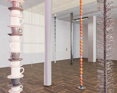 pillars of piled eggs, spoons, and saucers spotlight the importance of a balanced diet