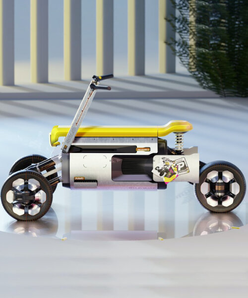 city scooter with 3 wheels and foldable parts tucks inside its canister frame after use
