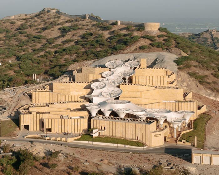 smritivan earthquake memorial museum zigzags up the steep hill in gujarat