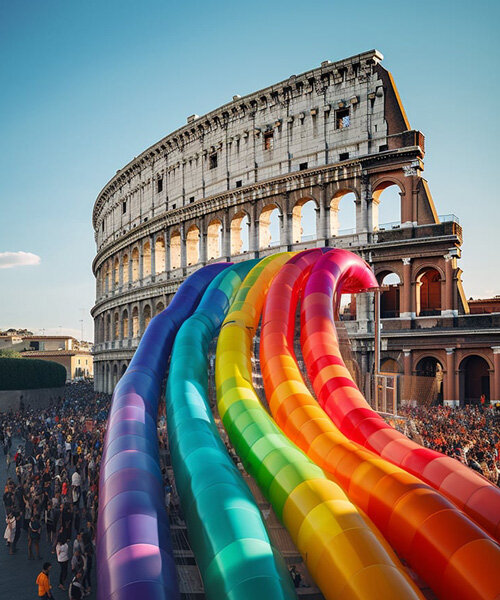a vibrant AI intervention imagines giant inflated rainbow seeping from rome's colosseum