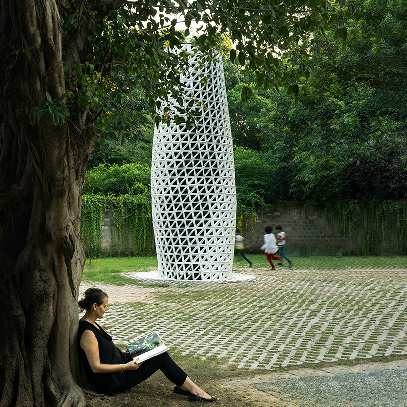 studio symbosis' aerodynamic + multidirectional air purification tower emerges in new delhi