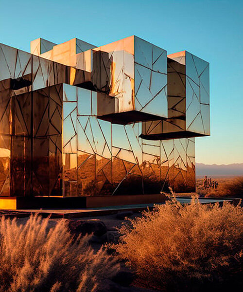 mirrored houses reflect fragmented light, shadows, and views of the lanzarote lava desert
