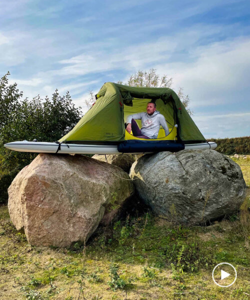 stand-up paddleboard with tent invites travelers to camp on boulders, lakes, and car's roof
