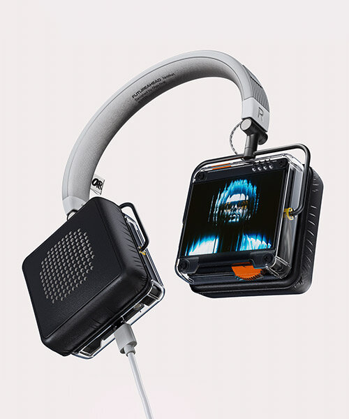 headset with integrated digital screens displays the playlist, lyrics and your music taste
