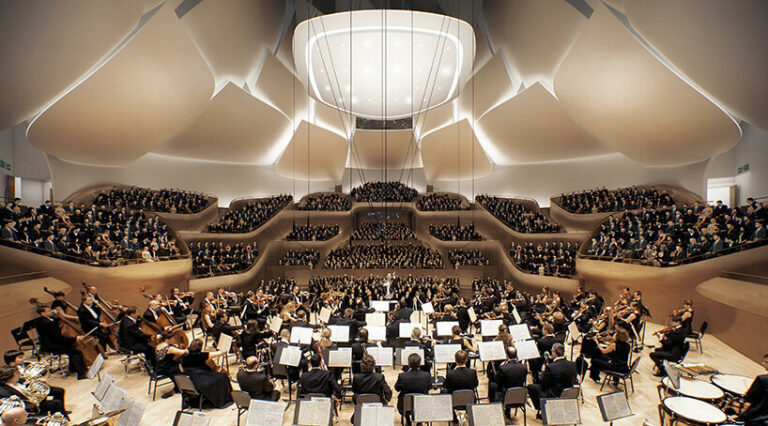 a fluid facade envelops MAD architects' concert hall in beijing