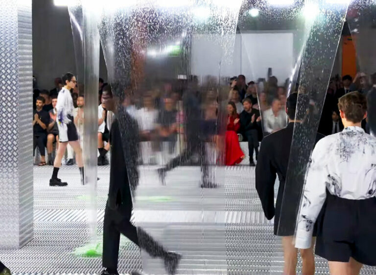 in prada SS24 ‘fluid form’ show, translucent thick slime cascades like ...